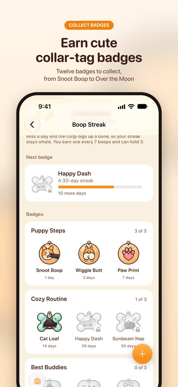 Badges: earn twelve collar-tag badges, from Snoot Boop to Over the Moon