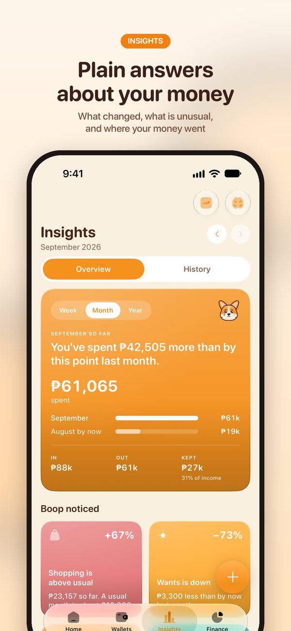 Insights: plain answers about your money, showing what changed, what is unusual, and where it went