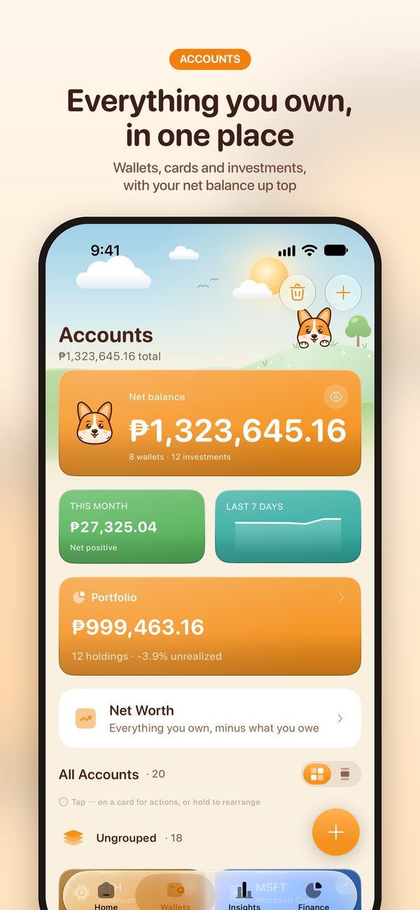 Accounts: wallets, cards and investments in one place, with your net balance at the top