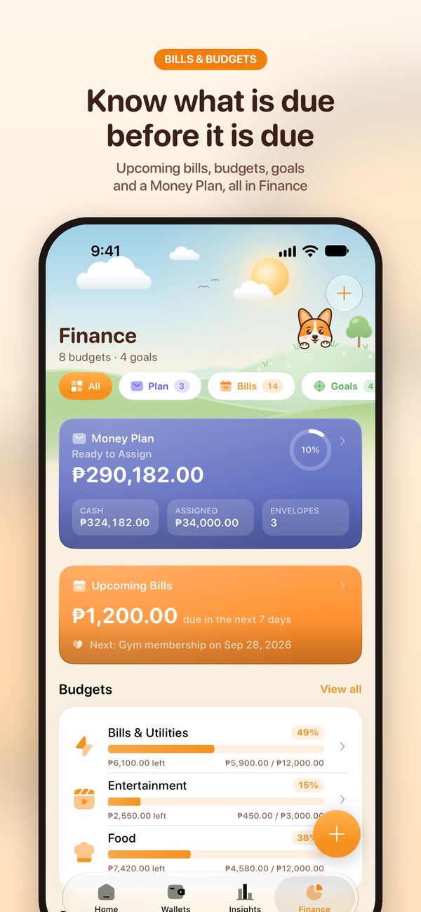 Finance: upcoming bills, budgets, goals and a money plan, so you know what is due before it is due